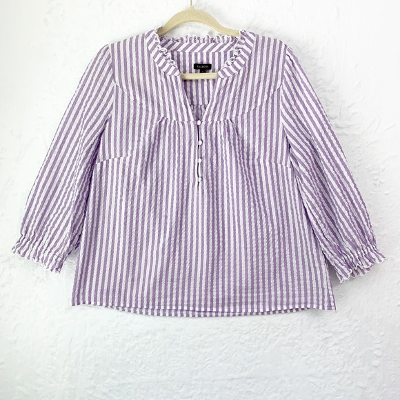 Talbots Charming Stripe Seersucker Popover Top in Deep Lavender Metallic Sz L - Picture 2 of 13